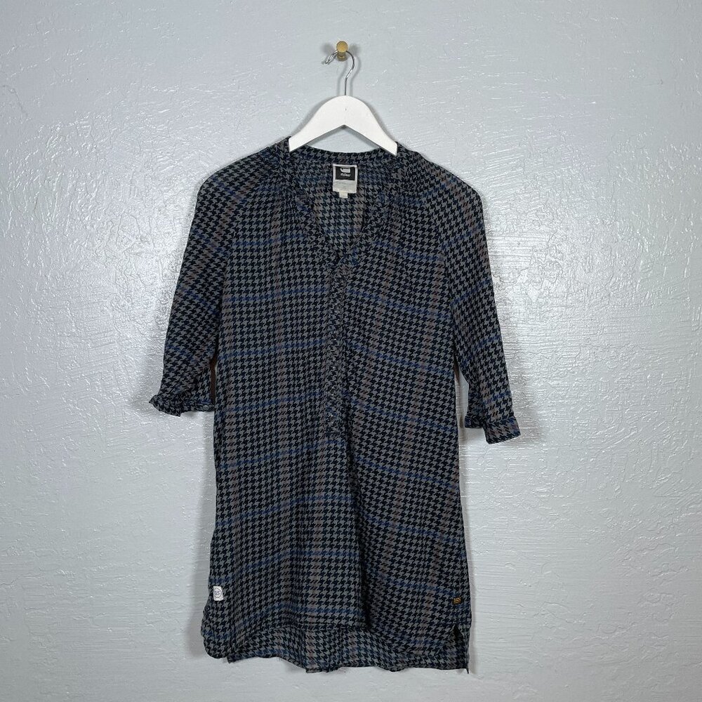 G-Star Raw Women L Black Gray Houndstooth Tunic Blouse 1/2 Button Front